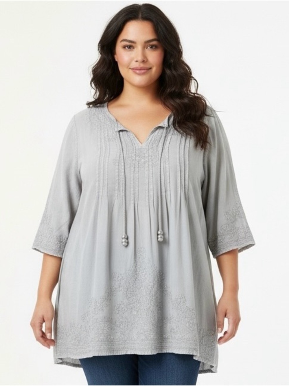 Solitaire Women 3X Gray Embroidered Tunic Top Boho Peasant Blouse Rayon Plus